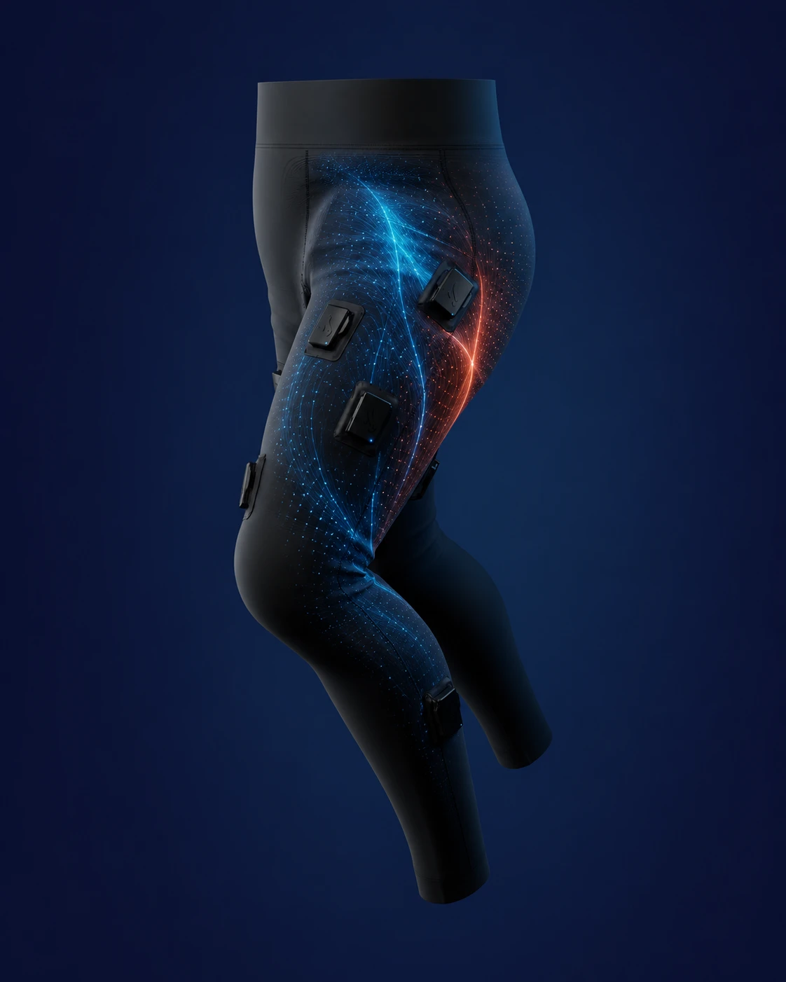Render of the Skinetix sensor-integrated leggings, with sensor modules on the thigh.